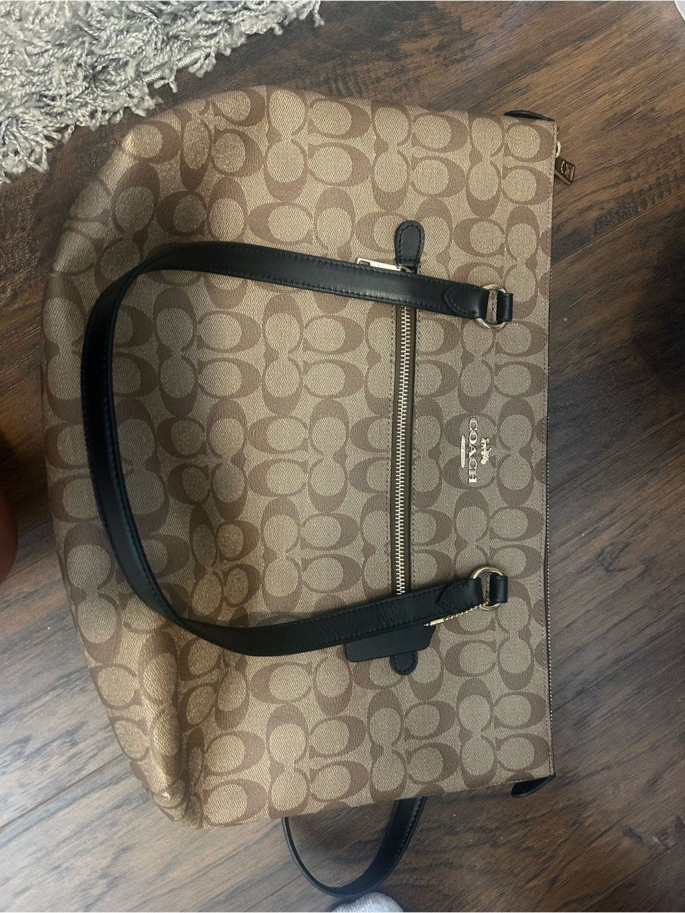 Coach Brown Signature Canvas Shoulder Bag with Black Straps